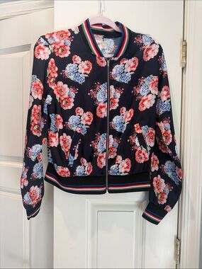 Jolt Navy Floral Bomber Jacket with Pink and Blue Blooms